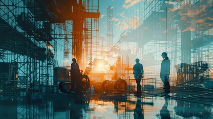 Poster - team engineer building construction project with architect people or construction worker working with modern civil equipment technology, double exposure graphic design. Building engineer