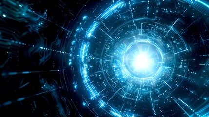 Poster - Futuristic digital vortex with glowing blue lights. Perfect for tech backgrounds or virtual reality designs. Modern digital art. AI