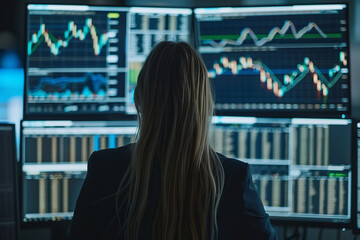 Wall Mural - Female Stock Trader Monitoring Live Updates in High-Tech Office  