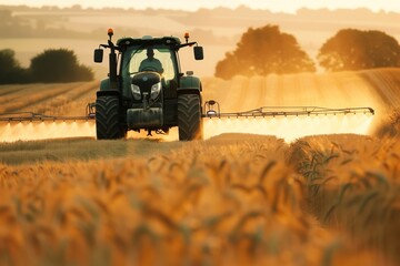 Wall Mural - A tractor is spraying crops in a golden field at sunset, creating a serene agricultural scene.