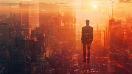 Aufkleber - The double exposure image of the businessman standing back during sunrise overlay with cityscape image