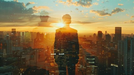 Aufkleber - The double exposure image of the businessman standing back during sunrise overlay with cityscape image