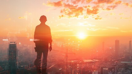 Poster - The double exposure image of the engineer standing back during sunrise overlay with cityscape image.