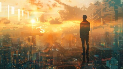 Poster - The double exposure image of the engineer standing back during sunrise overlay with cityscape image.