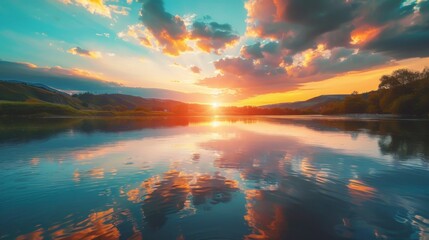 Poster - Tranquil river at sunset, with colorful clouds reflected in the calm water and the sun setting behind the distant hills.