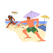 © Paper Trident - Father and kid play flying disk together at resort. Dad has fun with child on sand beach. Family does sport on sea shore during summer vacation. Flat isolated vector illustration on white background