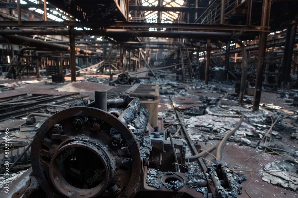 An abandoned and dilapidated industrial factory interior with charred ...