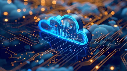 Aufkleber - Futuristic Blue Cloud Computing Concept Over Circuit Board. Digital Transformation, Data Storage and Advanced Technology Visualization. AI