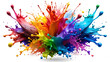 © Ali - Generative ai. A vivid explosion of various colored paint splashes against a white background, featuring prominent splatters of blue, red, yellow, and purple, suggesting dynamic motion and energy.
