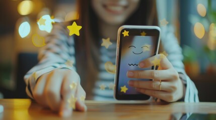 Aufkleber - Woman hand pressing on smart phone with smiley face, like, love and star emoticon on virtual touch screen. Customer service evaluation concept.