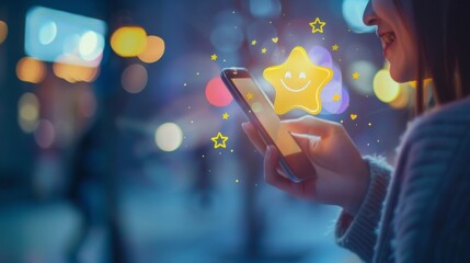 Aufkleber - Woman hand pressing on smart phone with smiley face, like, love and star emoticon on virtual touch screen. Customer service evaluation concept.