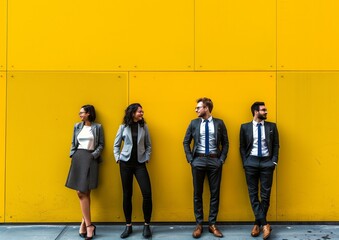 Wall Mural - Young Professional Team Posed Against Vibrant Yellow Wall in Urban Setting