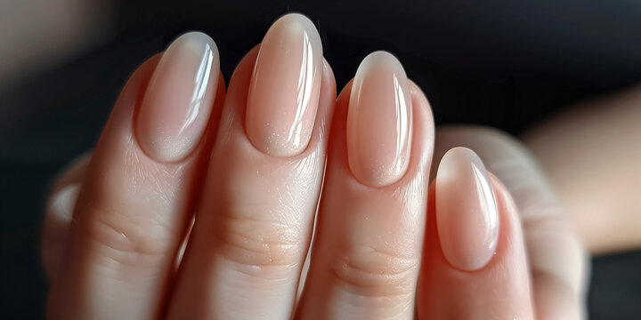 A hand with a clear, shiny, and slightly curved nail polish