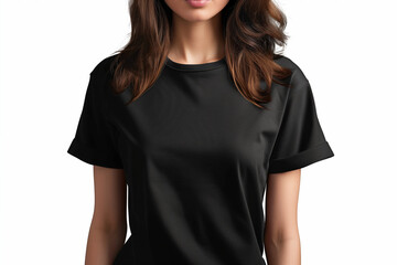 Wall Mural - A woman is wearing a black shirt and standing in front of a white background