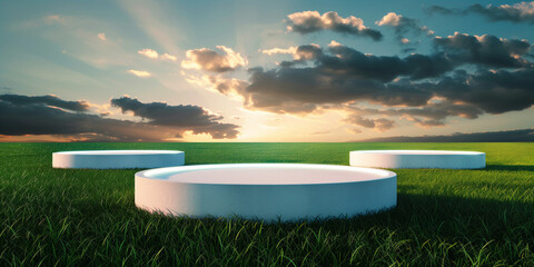Wall Mural - Three white pedestals are in a field with a cloudy sky in the background