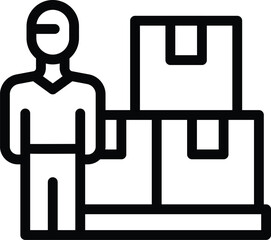 Wall Mural - Vector icon illustration of a person standing next to stacked cardboard boxes, representing delivery or moving concept