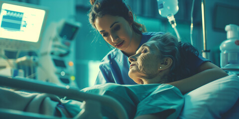 Wall Mural - A woman in a hospital bed is being comforted by a nurse