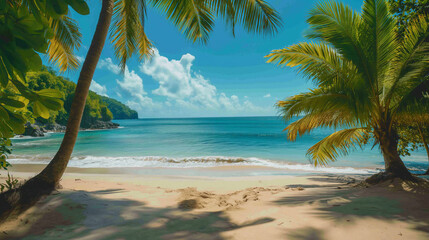 Wall Mural - A beautiful beach scene with palm trees and a clear blue ocean