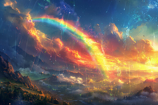 Paint a picture of a vibrant rainbow arching gracefully across the sky, signaling hope and renewal after a powerful storm