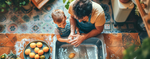 Wall Mural - Father and son washing dishes together on domestic kitchen. Family and parenting concept.