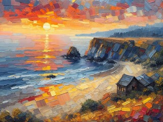 Wall Mural - An oil painting pallet knife style of a sunset over a beach with a very low saturation color palette. The scene should include a small house on the cliff.