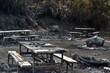 © studioworkstock - Charred picnic tables and debris in a forest aftermath of a wildfire, highlighting destruction and devastation in a natural area.