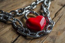 A Red Heart-shaped Padlock Entangled In A Heavy Metal Chain On A Wooden Surface, Symbolizing Love And Security.