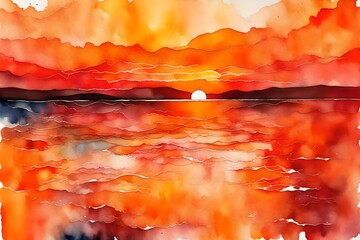Wall Mural - Produce an abstract vision of a summer solstice sunset with watercolors on wet paper, where vibrant oranges and reds bleed together.