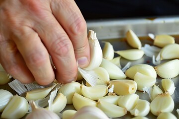 Wall Mural - Close-up of a person's hand peeling fresh garlic cloves, with multiple cloves and garlic skins on a metallic surface.