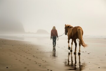 Sticker - A person walking a horse along a misty beach, reflecting the tranquil atmosphere of the early morning. Footprints and hooves mark the wet sand.