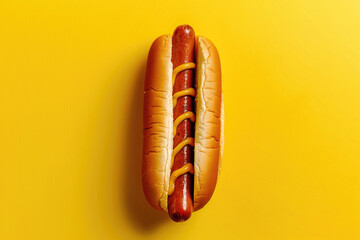 Wall Mural - Single Hot Dog with Mustard on a Yellow Background with Space for Copy