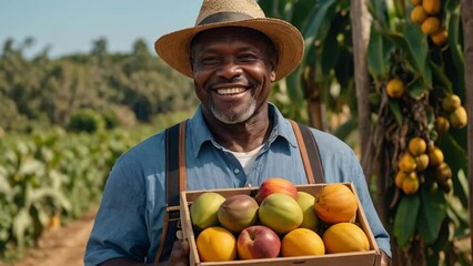Wall Mural - farmer holding a basket of tropical fruits