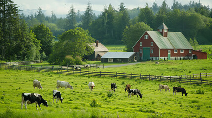 Canvas Print - Dairy Farm with Grazing Cows and Traditional Milking Barn  