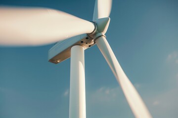 Close-up view of a white wind turbine against a clear blue sky, highlighting renewable energy and modern technology.