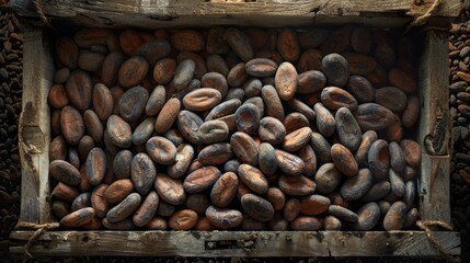 A pile of brown and black beans in a wooden crate