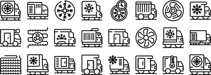Poster - Car refrigerator vector icon. A series of black and white icons of trucks and vehicles with a fan on the right. The icons are arranged in a grid and include a truck with a fan on the right, a truck