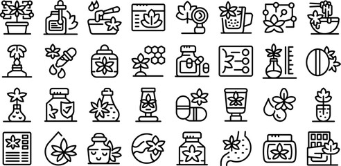 Poster - Hemp cannabinoid extract vector icon. A collection of various symbols and icons, including a flower, a bottle, and a cup. Scene is one of relaxation and wellness, with the various symbols representing