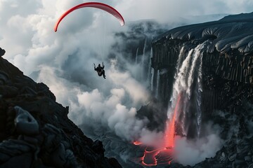 Adventurous paraglider flying near a dramatic landscape with active volcanic lava flow and steamy clouds, creating a thrilling extreme sports scene.