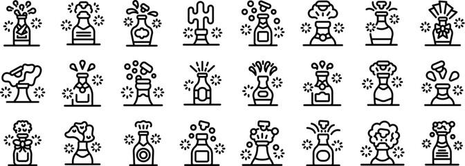 Poster - Champagne explosion vector icon. A collection of black and white icons of various bottles and vases. The icons are arranged in a grid, with each icon representing a different type of bottle or vase