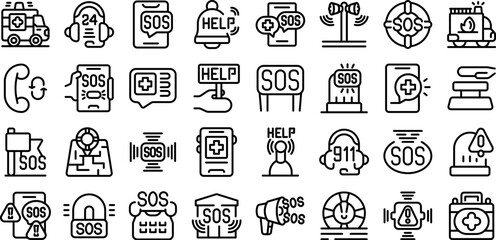 Poster - Sos sign vector icon. A collection of icons for emergency services such as 911, ambulance, and police. The icons are all in black and white and are arranged in a grid