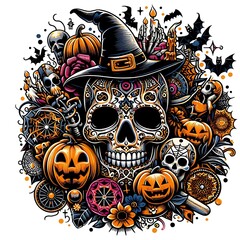 Wall Mural - A skull with a hat and pumpkins realistic harmony attractive harmony has illustrative.