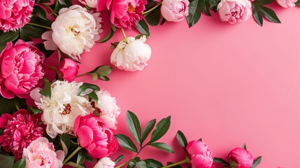 Wall Mural - Flowers composition. Frame made of peony flowers on pink background. Flat lay, top view, copy space