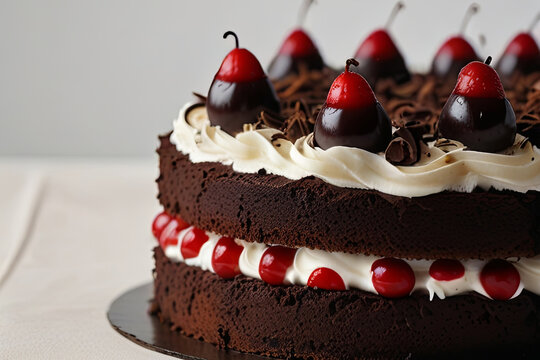 Isolated black forest cake on a white background. Perfect for stock images focused on dessert, bakery, 