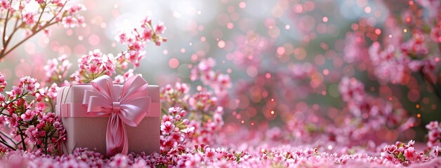 Wall Mural - Gift box with pink sakura flowers on bokeh background