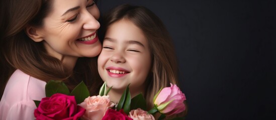 Wall Mural - happy mother and daughter with bouquet of pink roses on black background