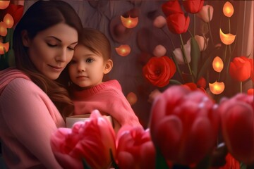 Wall Mural - Mother and daughter sitting at the window with tulips in the room