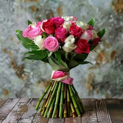 Wall Mural - Bouquet of roses in vase on wooden table, closeup