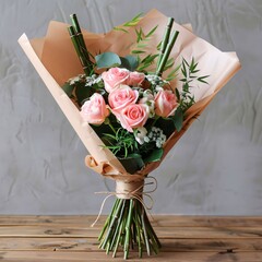 Wall Mural - Bouquet of pink roses, eucalyptus and greenery on wooden table