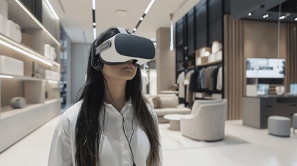 Poster - A woman is seen wearing a virtual reality headset while inside a store, engaging with the virtual environment displayed through the headset.