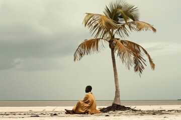 Canvas Print - A man in a yellow robe sits thoughtfully under a palm tree on a deserted beach, with an overcast sky in the background.